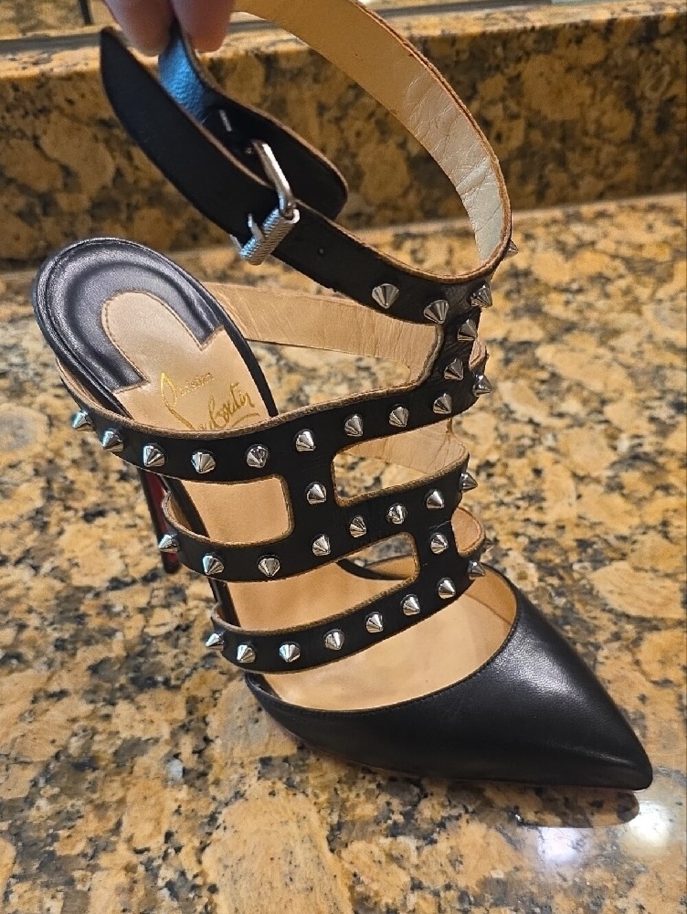 Christian Louboutin Black Leather Studded Strappy Pointed-Toe Pumps - Picture 14 of 15